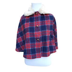 Janie and Jack the Tartan Holiday Cape Red Blue Plaid Faux Fur Collar Sz 7-8